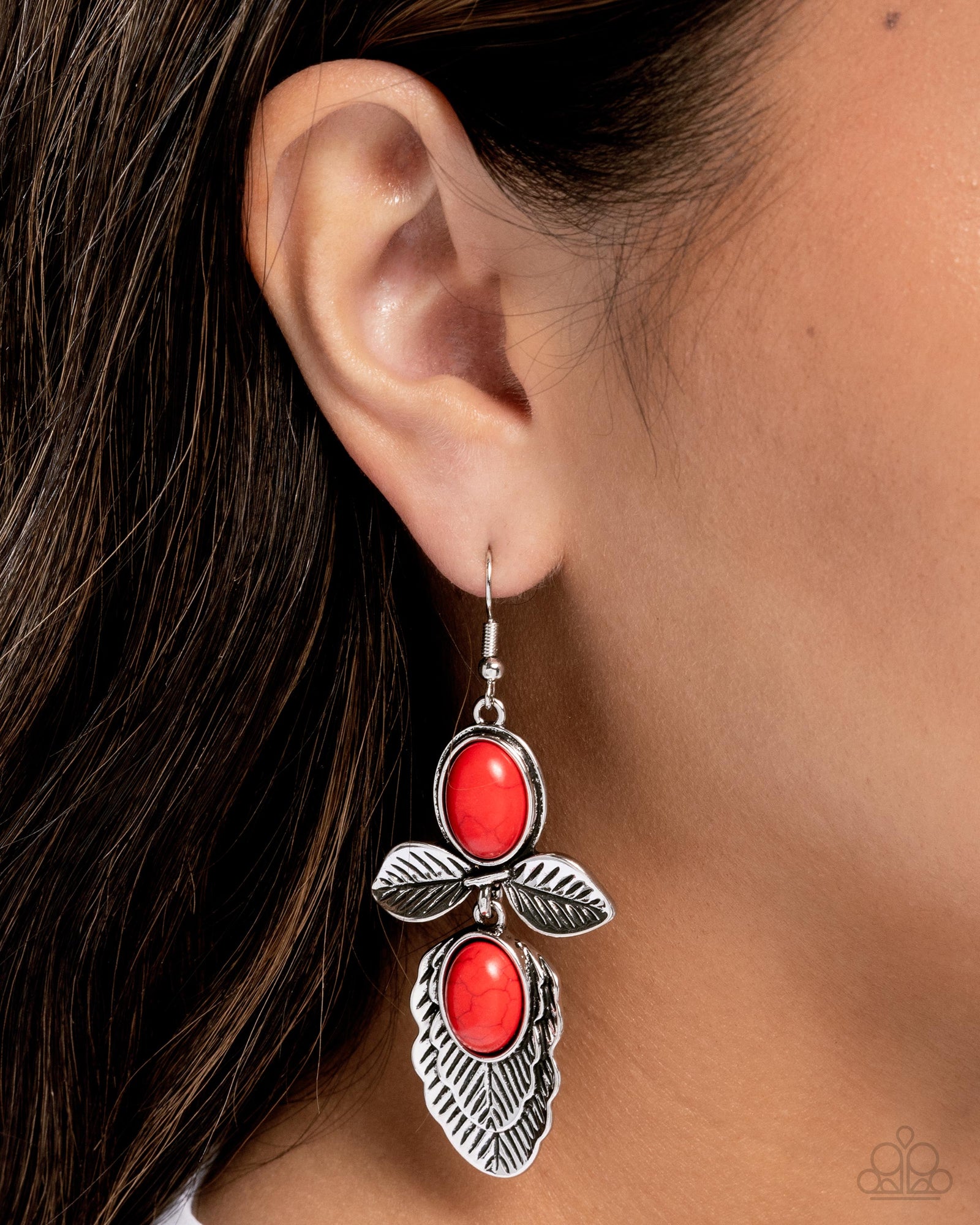 Blooming Bevy Red Stone & Leaf Earrings - Paparazzi Accessories- lightbox - CarasShop.com - Paparazzi Jewelry by Cara Jewels