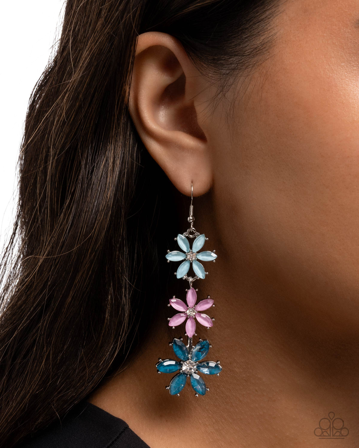 Blooming Bombshell Blue & Pink Gem Flower Earrings - Paparazzi Accessories-on model - CarasShop.com - Paparazzi Jewelry by Cara Jewels