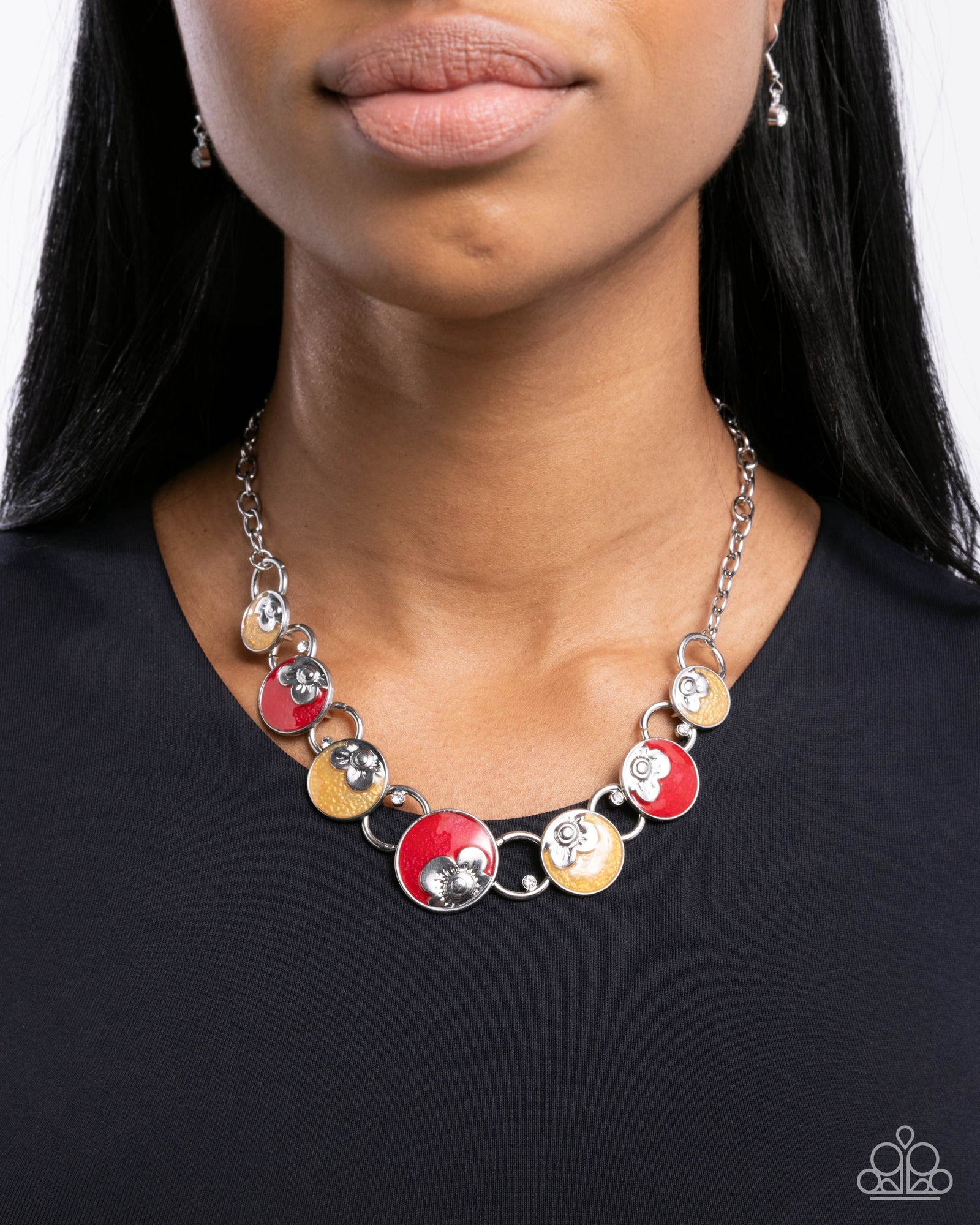 Blooming Bravado Red, Yellow & Silver Necklace - Paparazzi Accessories- lightbox - CarasShop.com - Paparazzi Jewelry by Cara Jewels
