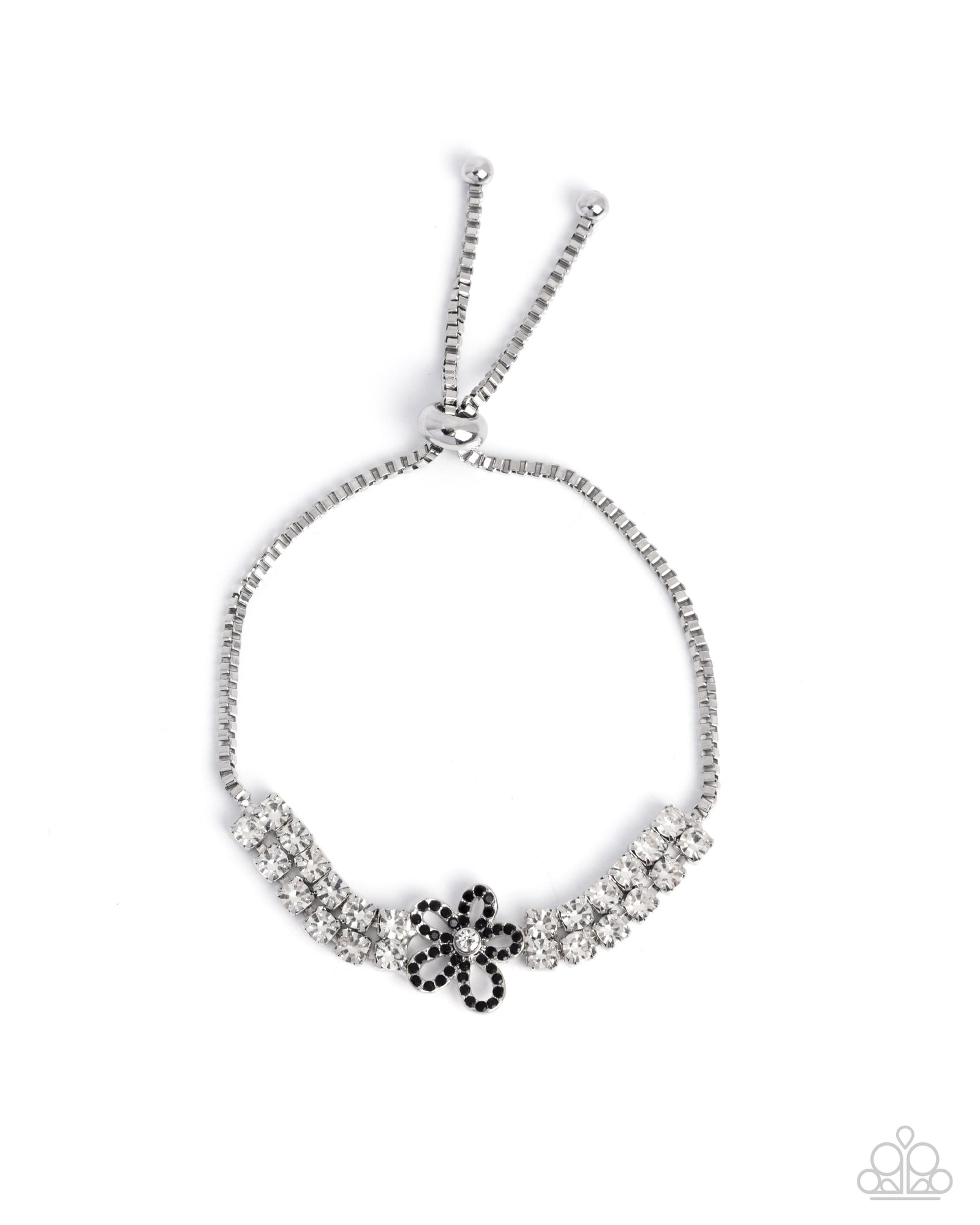 Blooming Breakthrough Black & White Rhinestone Floral Bracelet - Paparazzi Accessories- lightbox - CarasShop.com - Paparazzi Jewelry by Cara Jewels