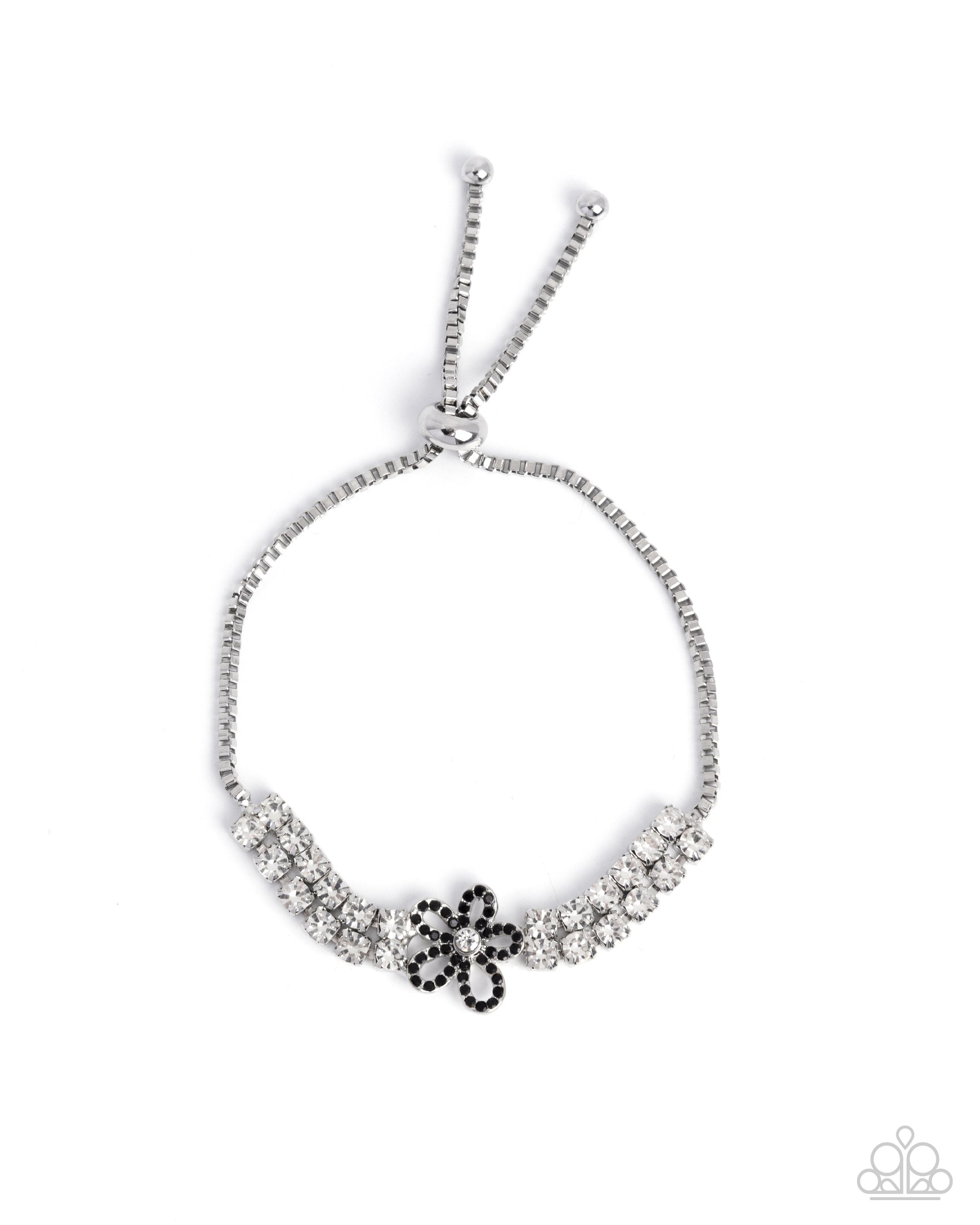 Blooming Breakthrough Black & White Rhinestone Floral Bracelet - Paparazzi Accessories- lightbox - CarasShop.com - Paparazzi Jewelry by Cara Jewels