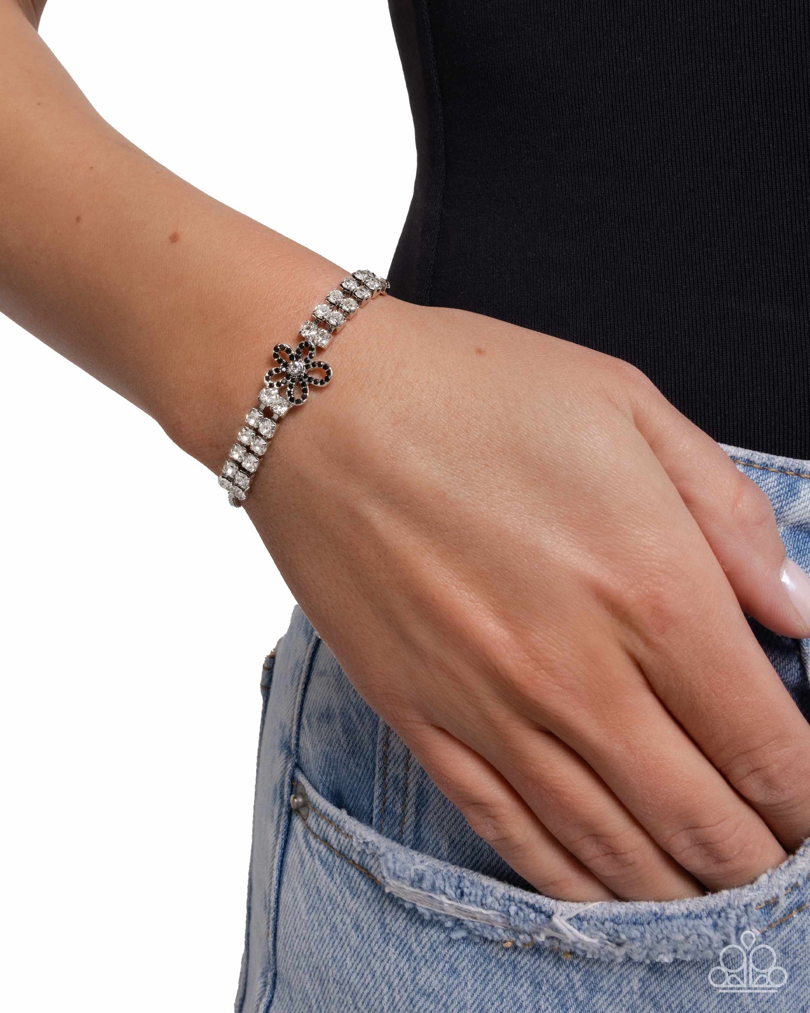 Blooming Breakthrough Black & White Rhinestone Floral Bracelet - Paparazzi Accessories- lightbox - CarasShop.com - Paparazzi Jewelry by Cara Jewels