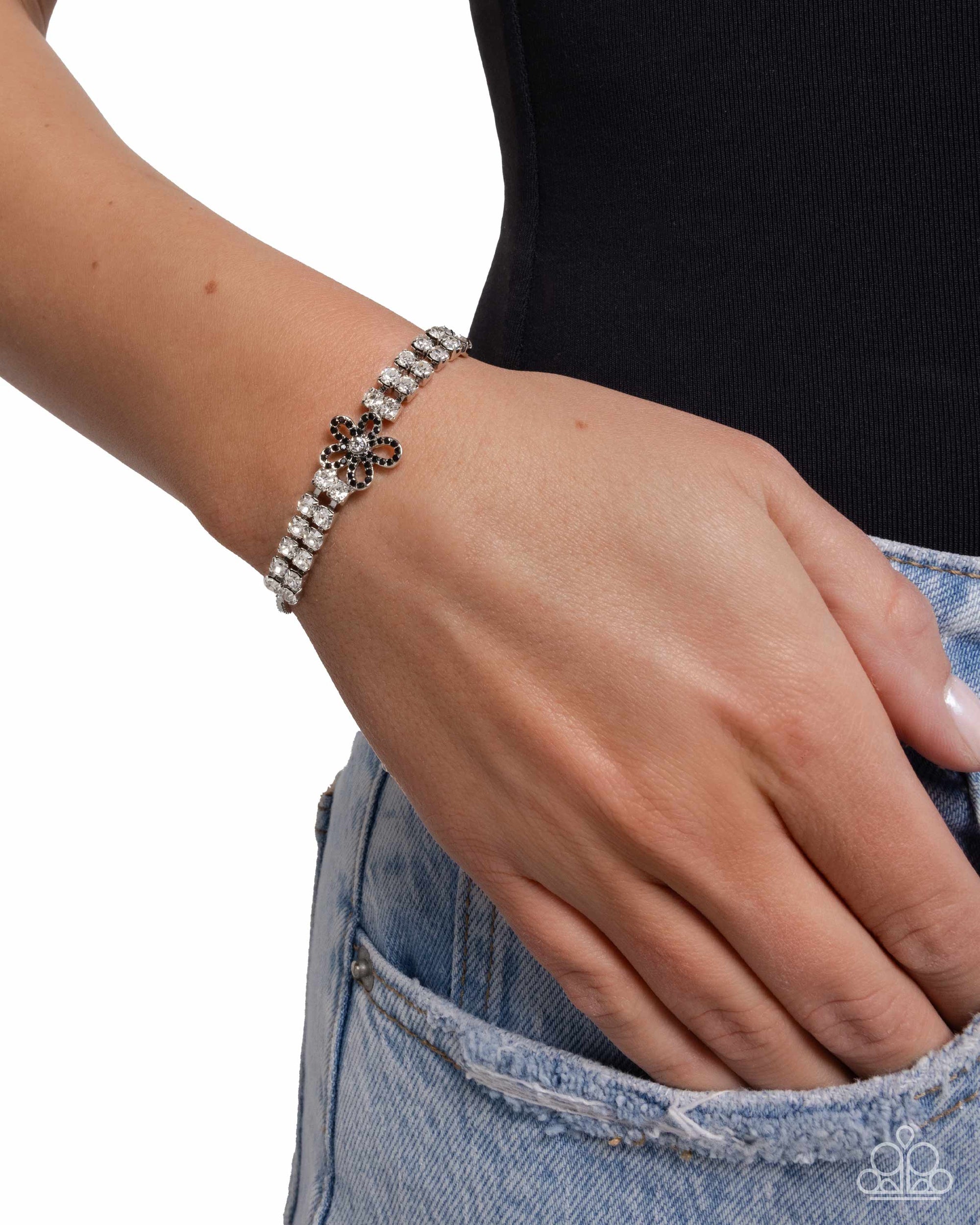 Blooming Breakthrough Black & White Rhinestone Floral Bracelet - Paparazzi Accessories- lightbox - CarasShop.com - Paparazzi Jewelry by Cara Jewels