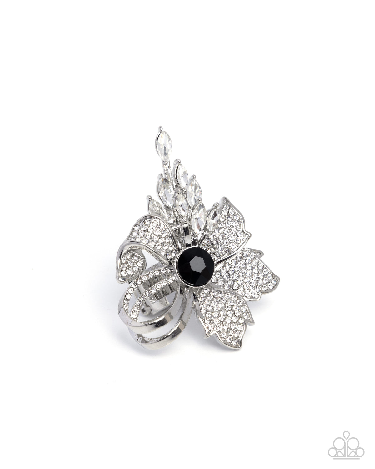 Blooming Broadcast Black & White Rhinestone Ring - Paparazzi Accessories- lightbox - CarasShop.com - Paparazzi Jewelry by Cara Jewels