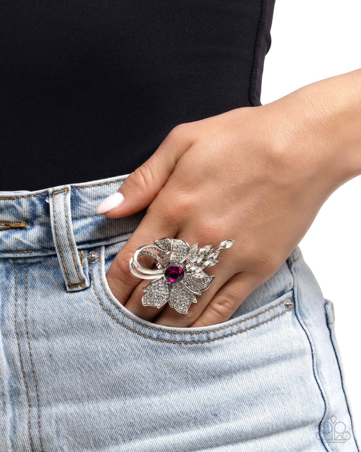 Blooming Broadcast Pink & White Rhinestone Ring - Paparazzi Accessories-on model - CarasShop.com - Paparazzi Jewelry by Cara Jewels
