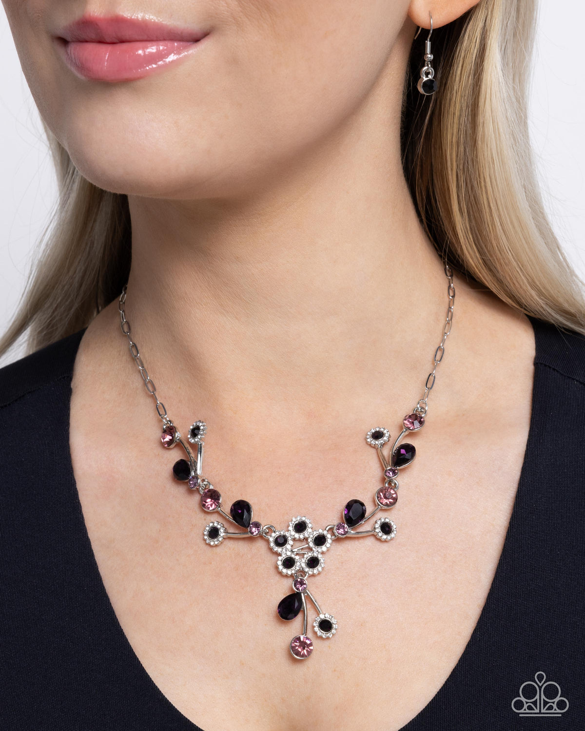 Blossom Queen Purple Rhinestone Floral Necklace - Paparazzi Accessories- on model - CarasShop.com - Paparazzi Jewelry by Cara Jewels