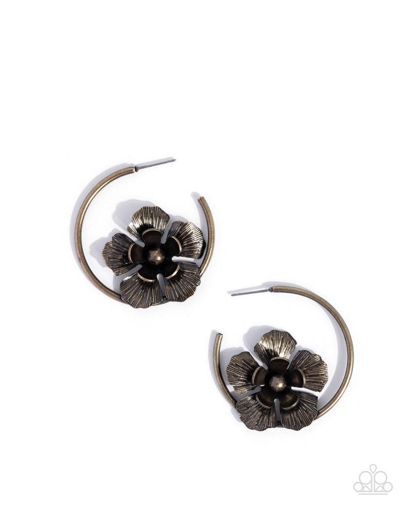 Blossoming Balance Brass Hoop Earrings - Paparazzi Accessories- lightbox - CarasShop.com - Paparazzi Jewelry by Cara Jewels