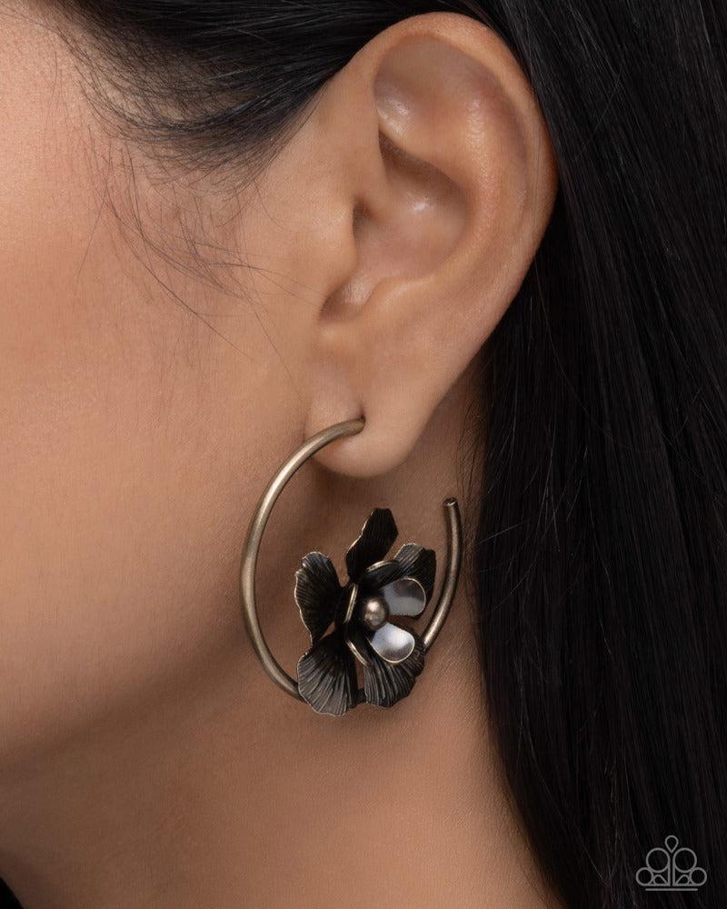 Blossoming Balance Brass Hoop Earrings - Paparazzi Accessories- on model - CarasShop.com - Paparazzi Jewelry by Cara Jewels