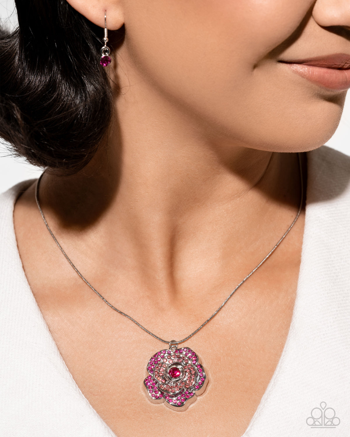 Blossoming Belle Pink Rhinestone Rose Floral Necklace - Paparazzi Accessories- on model - CarasShop.com - Paparazzi Jewelry by Cara Jewels