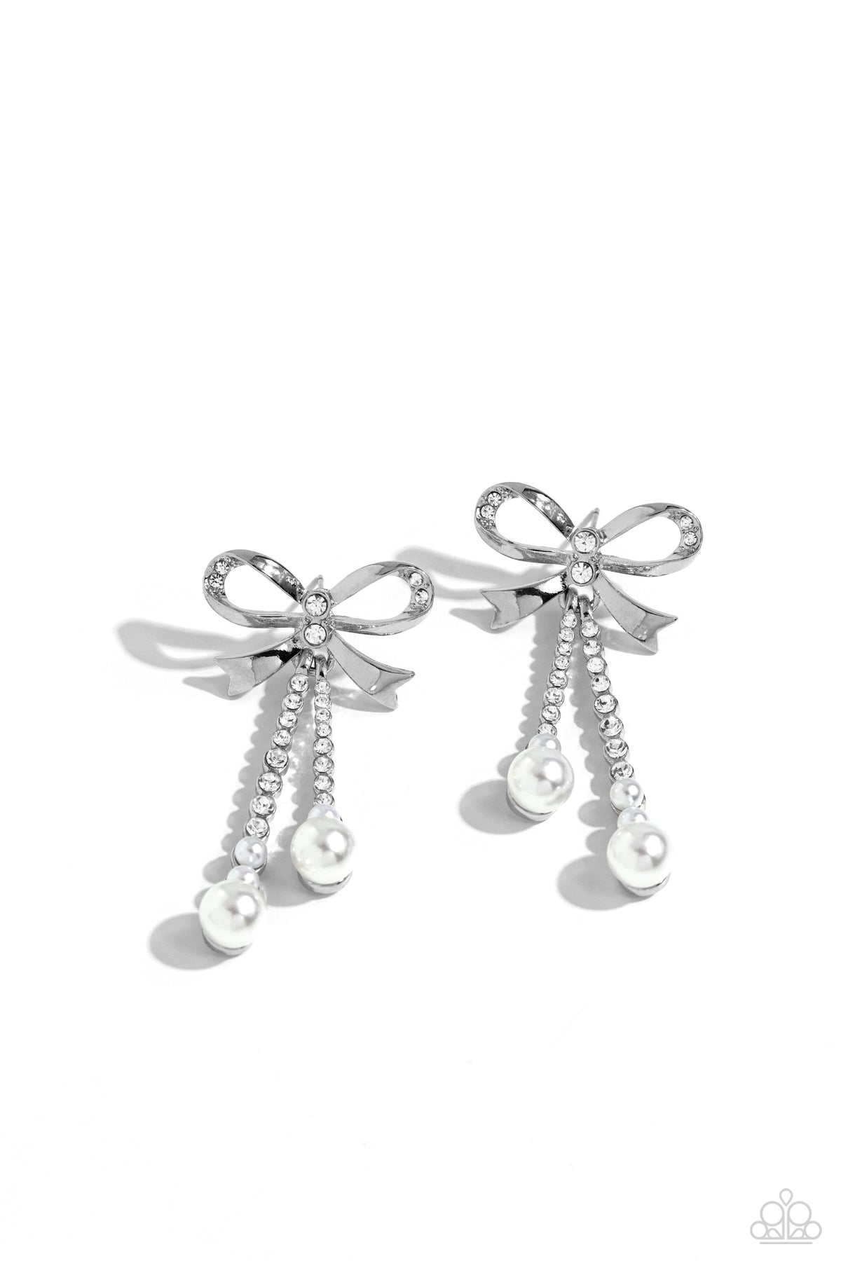 Bodacious Bow White Rhinestone & Pearl Bow Earrings - Paparazzi Accessories- lightbox - CarasShop.com - Paparazzi Jewelry by Cara Jewels
