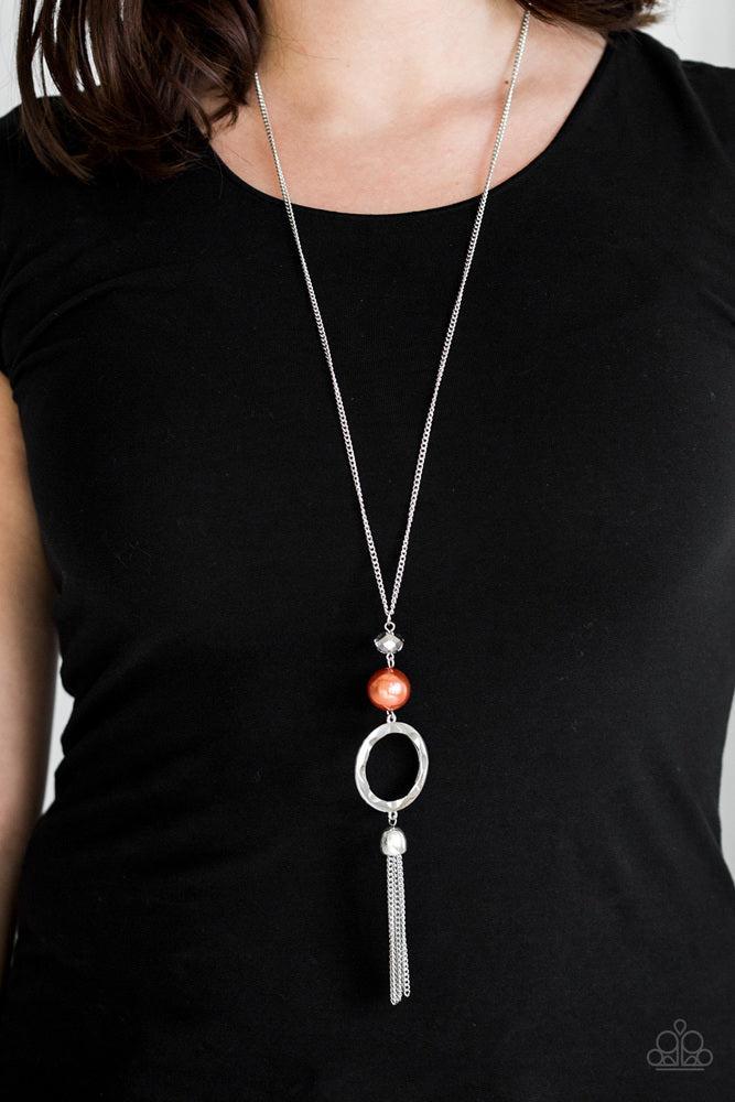 Bold Balancing Act Orange Necklace - Paparazzi Accessories- on model - CarasShop.com - Paparazzi Jewelry by Cara Jewels