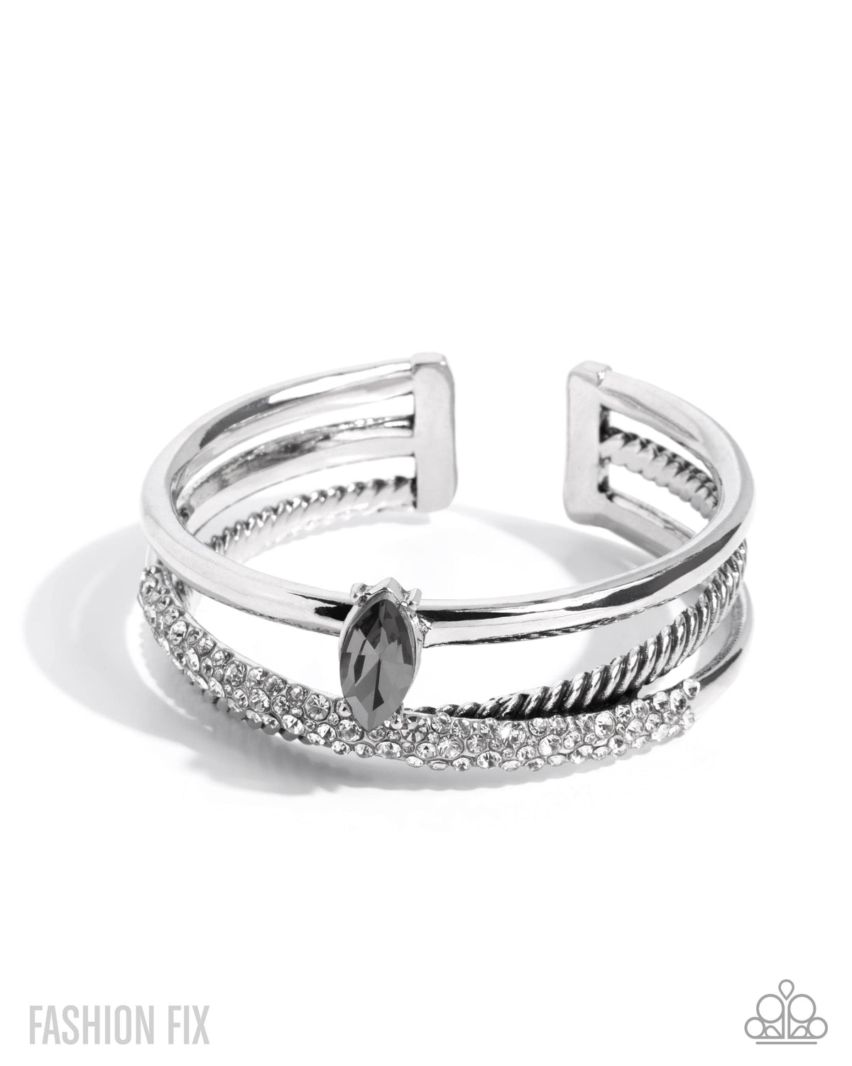 Bold Boundary Silver & White Rhinestone Cuff Bracelet - Paparazzi Accessories- lightbox - CarasShop.com - Paparazzi Jewelry by Cara Jewels