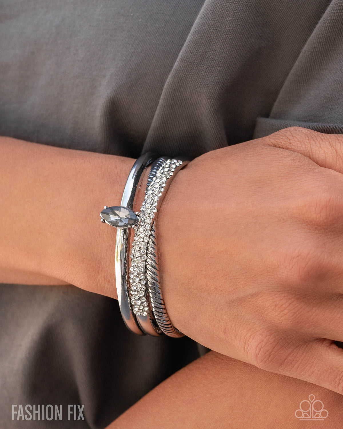 Bold Boundary Silver & White Rhinestone Cuff Bracelet - Paparazzi Accessories-on model - CarasShop.com - Paparazzi Jewelry by Cara Jewels