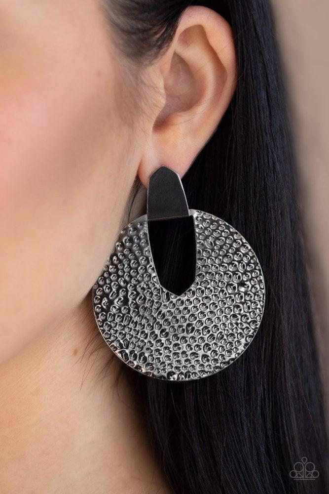 Bold Intentions Black Post Earrings - Paparazzi Accessories- on model - CarasShop.com - Paparazzi Jewelry by Cara Jewels
