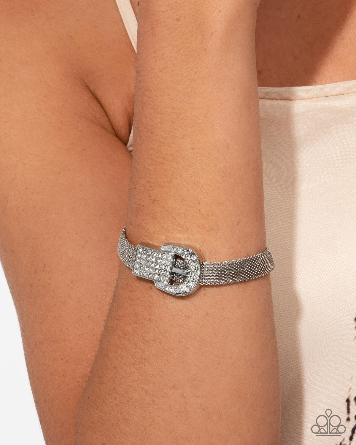 Boldly Buckled White Rhinestone Bracelet - Paparazzi Accessories-on model - CarasShop.com - Paparazzi Jewelry by Cara Jewels