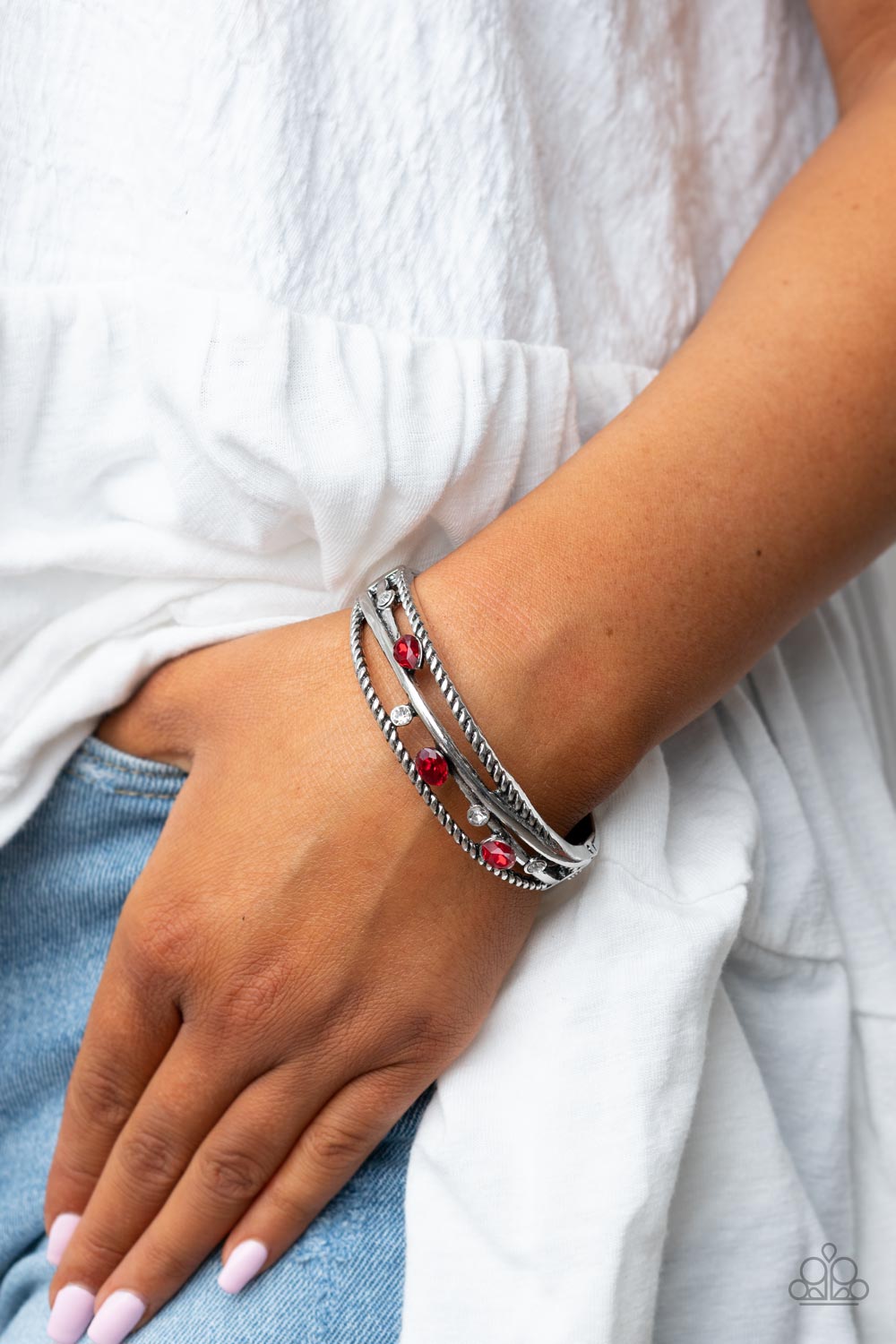 Bonus Bling Red Rhinestone Bracelet - Paparazzi Accessories- on model - CarasShop.com - Paparazzi Jewelry by Cara Jewels