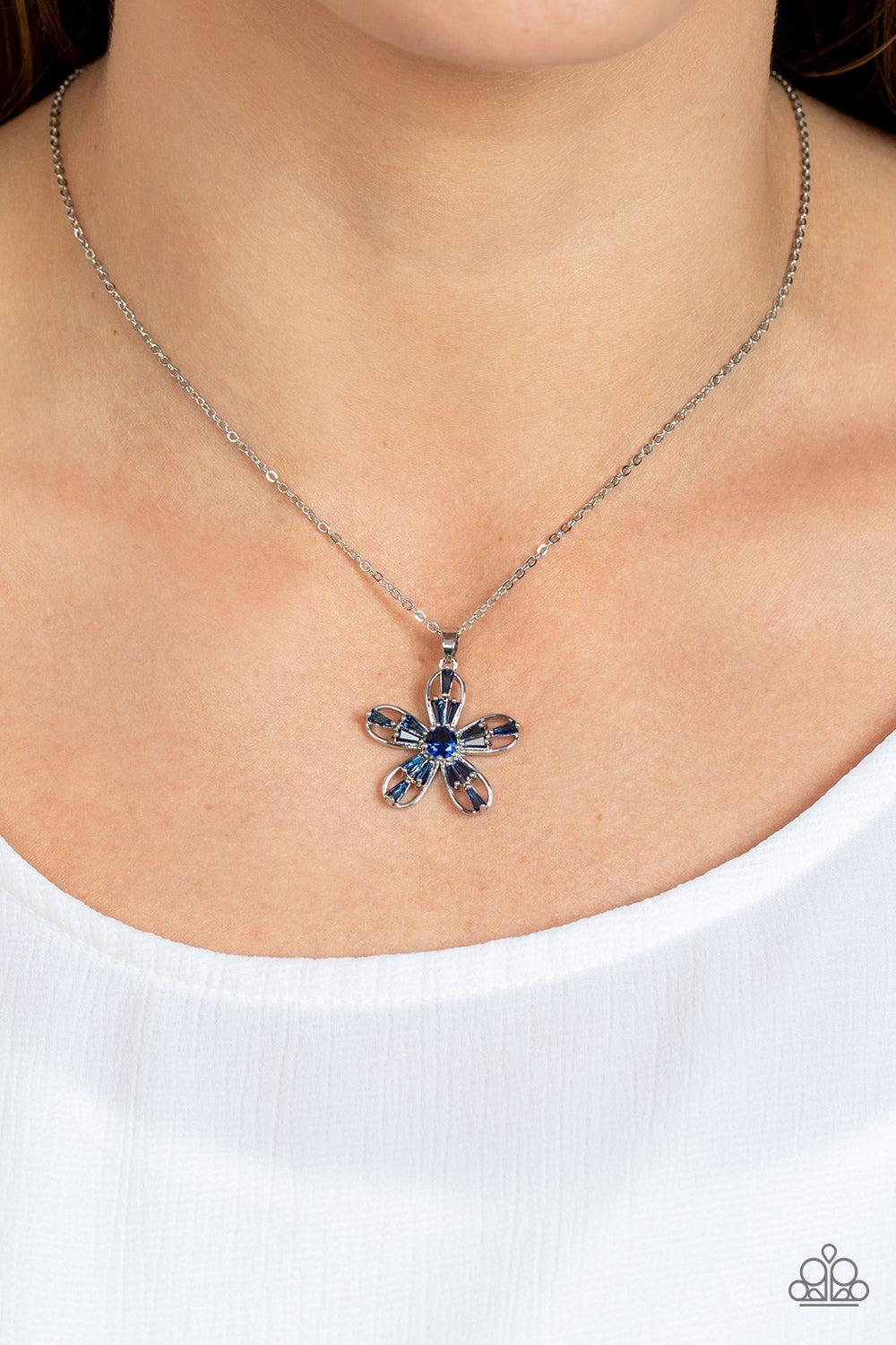 Botanical Ballad Blue Rhinestone Flower Necklace - Paparazzi Accessories- on model - CarasShop.com - Paparazzi Jewelry by Cara Jewels