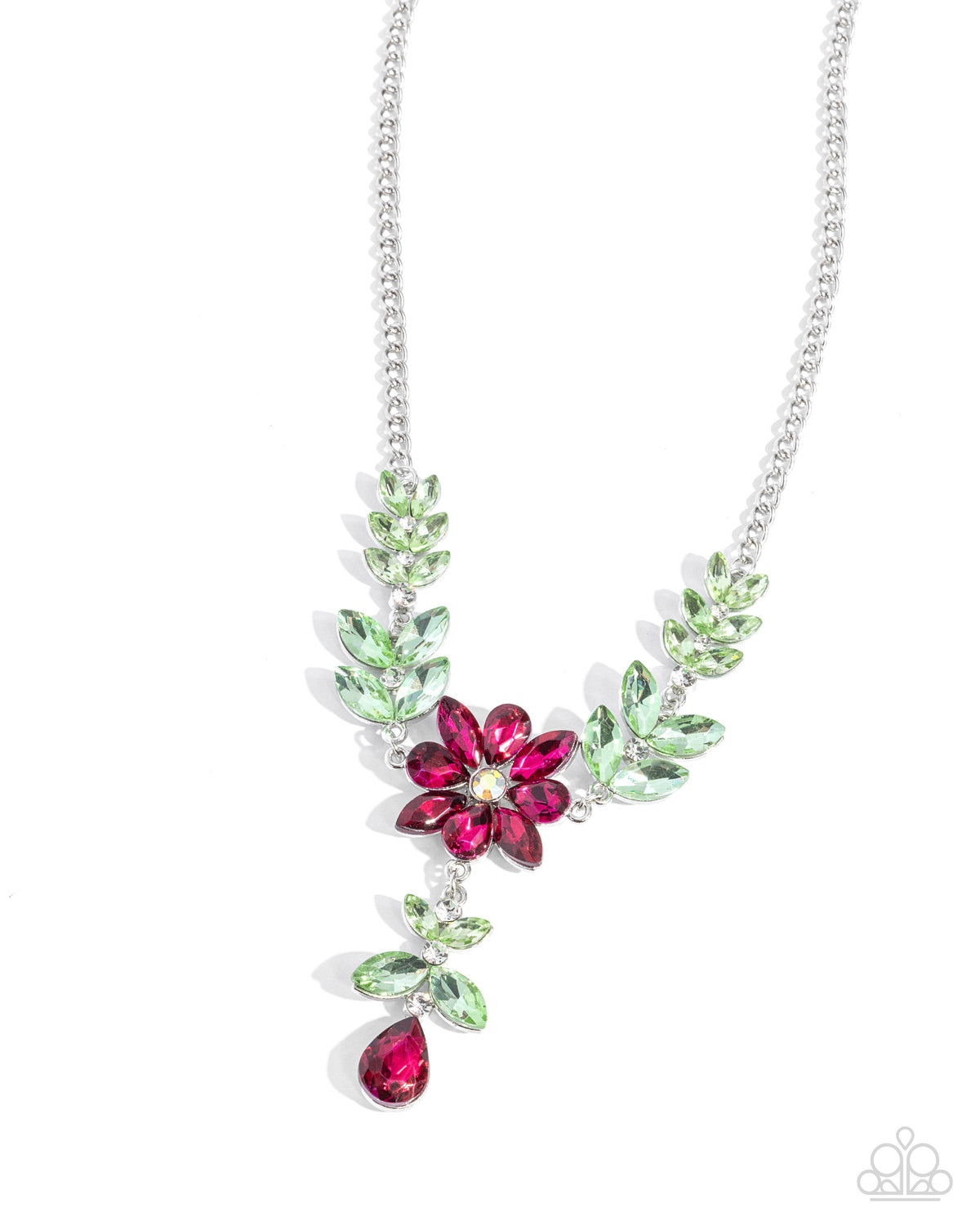 Bouquet Backdrop Pink & Green Rhinestone Floral Necklace - Paparazzi Accessories- lightbox - CarasShop.com - Paparazzi Jewelry by Cara Jewels