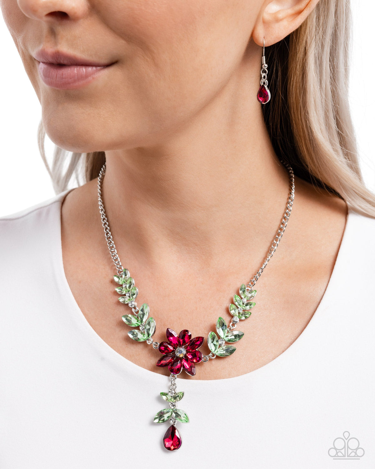 Bouquet Backdrop Pink & Green Rhinestone Floral Necklace - Paparazzi Accessories- on model - CarasShop.com - Paparazzi Jewelry by Cara Jewels