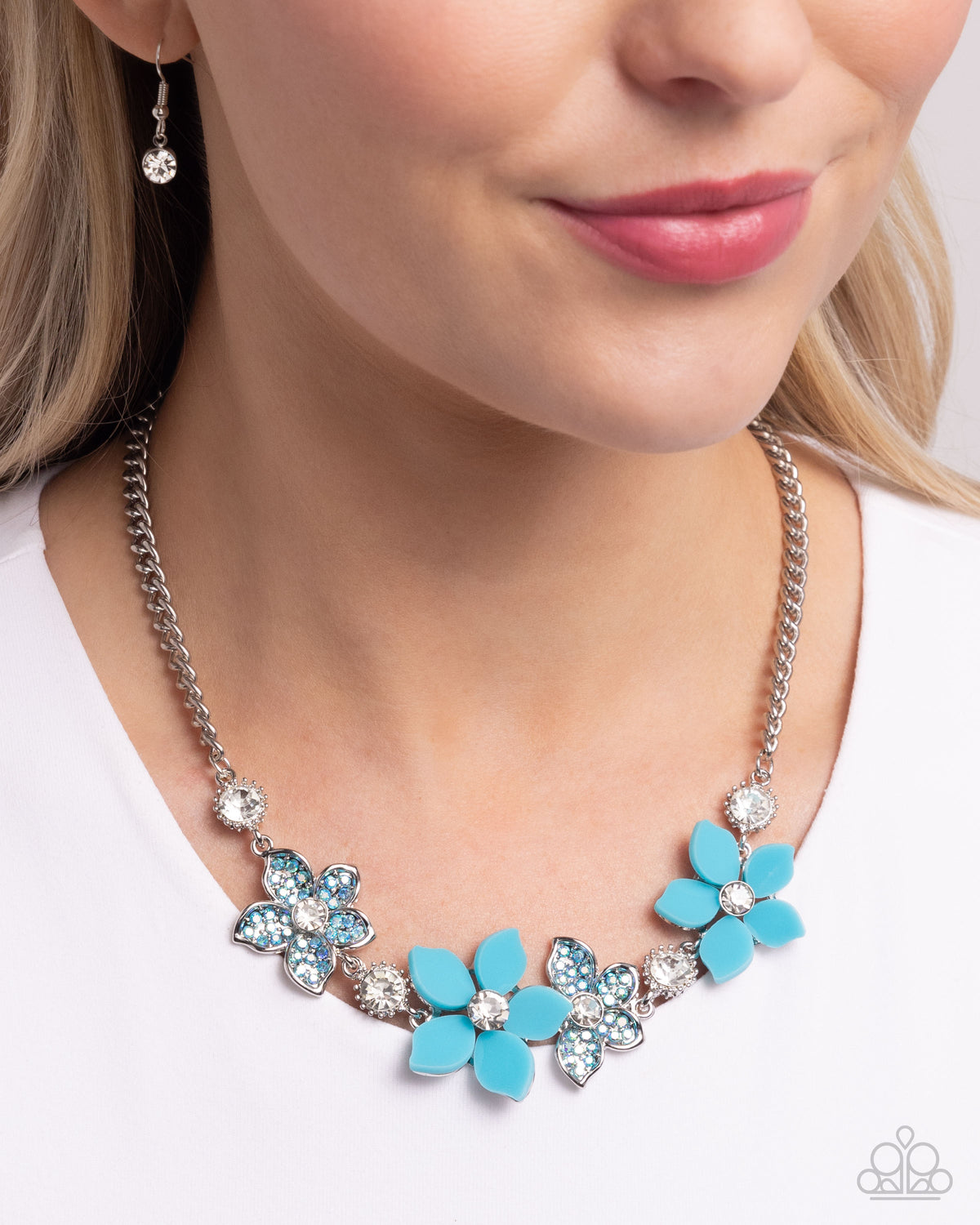 Bouquet Ballad Blue Acrylic & Rhinestone Floral Necklace - Paparazzi Accessories- on model - CarasShop.com - Paparazzi Jewelry by Cara Jewels