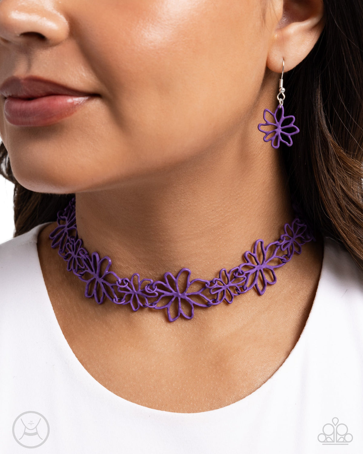 Bouquet Blend Purple Flower Choker Necklace - Paparazzi Accessories- on model - CarasShop.com - Paparazzi Jewelry by Cara Jewels