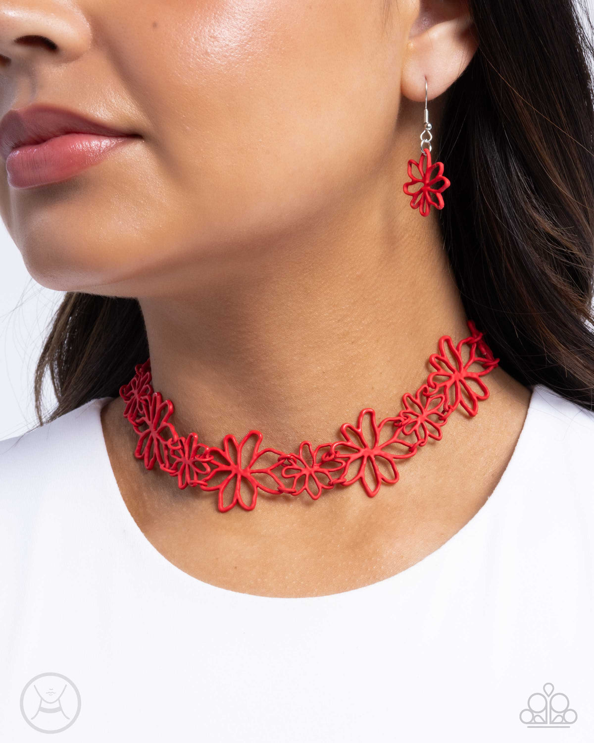 Bouquet Blend Red Floral Choker Necklace - Paparazzi Accessories- on model - CarasShop.com - Paparazzi Jewelry by Cara Jewels