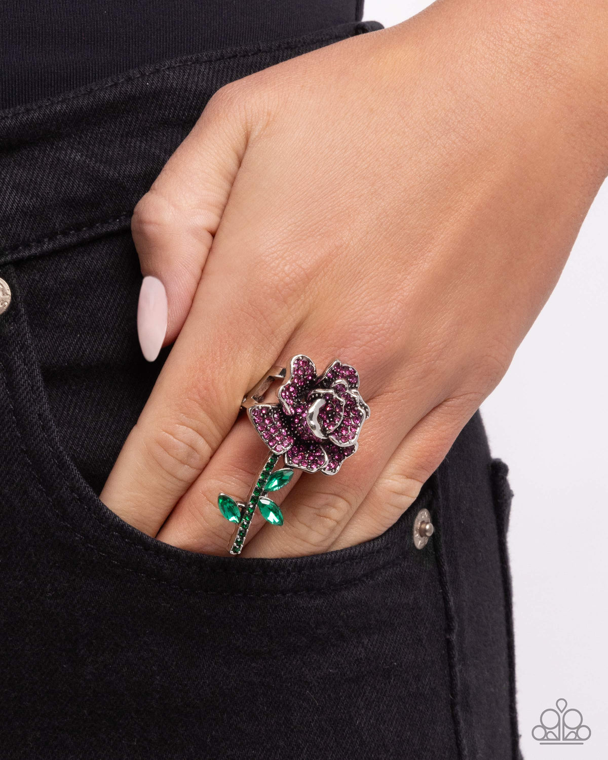 Boutonniere Bling Pink Rhinestone Flower Ring - Paparazzi Accessories-on model - CarasShop.com - Paparazzi Jewelry by Cara Jewels
