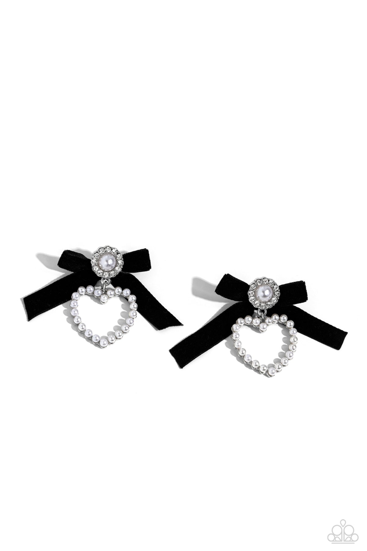 BOW and Then Black Velvet & White Pearl Bow Earrings - Paparazzi Accessories- lightbox - CarasShop.com - Paparazzi Jewelry by Cara Jewels