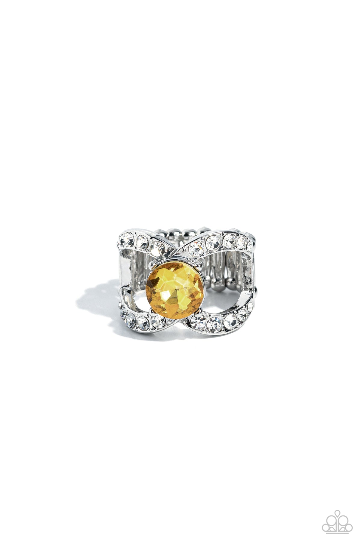 Bow Chicka Bow Wow Yellow Rhinestone Ring - Paparazzi Accessories- lightbox - CarasShop.com - Paparazzi Jewelry by Cara Jewels