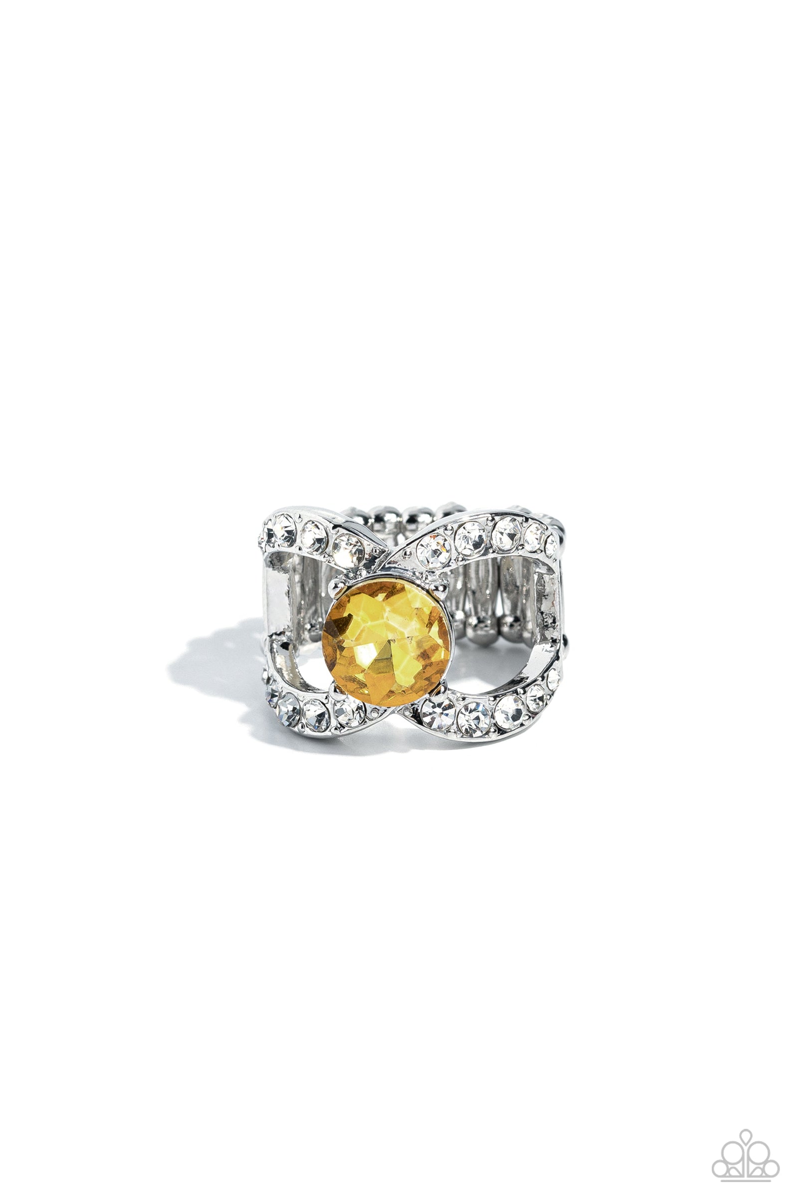 Bow Chicka Bow Wow Yellow Rhinestone Ring - Paparazzi Accessories- lightbox - CarasShop.com - Paparazzi Jewelry by Cara Jewels