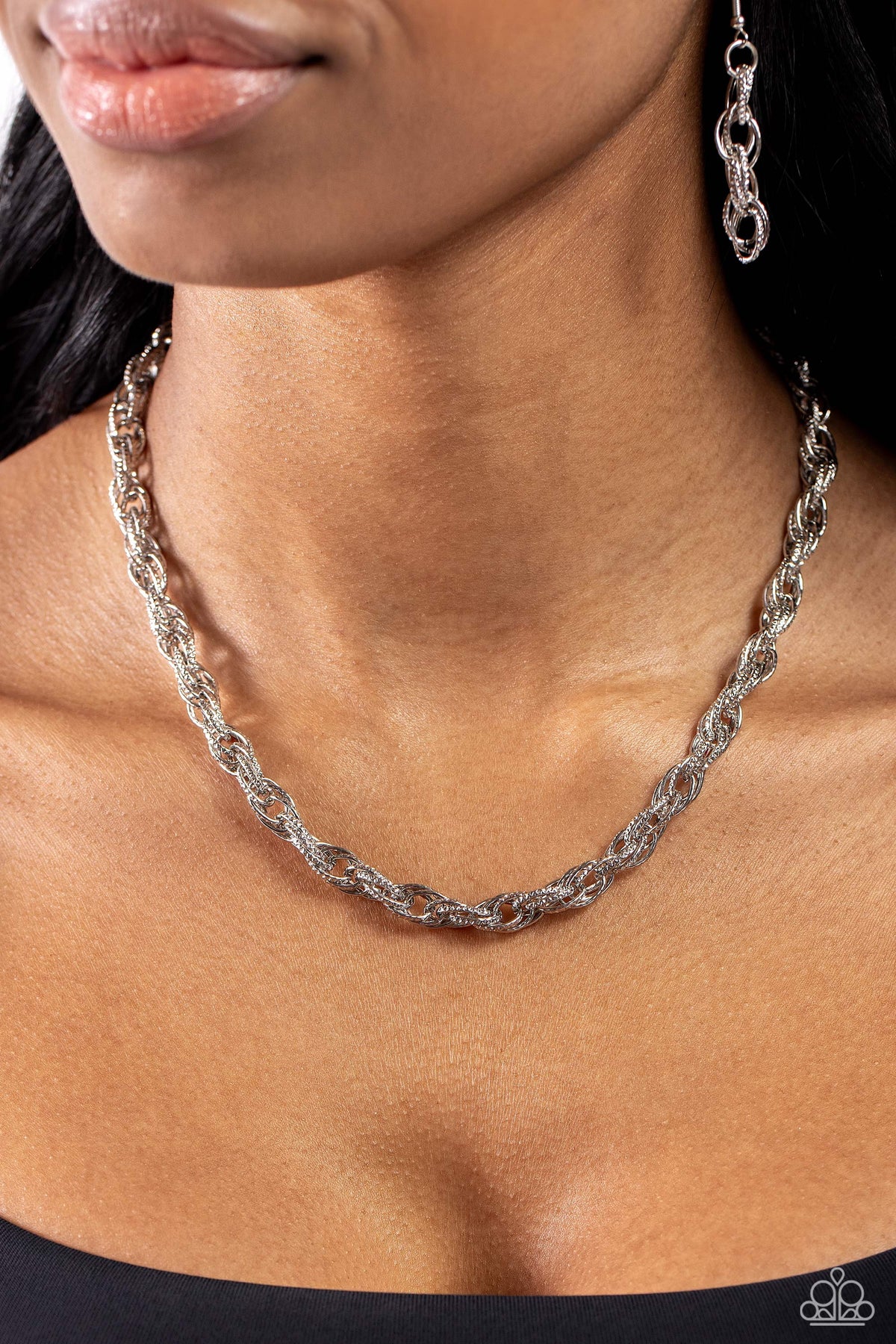 Braided Ballad Silver Chain Necklace - Paparazzi Accessories- on model - CarasShop.com - Paparazzi Jewelry by Cara Jewels