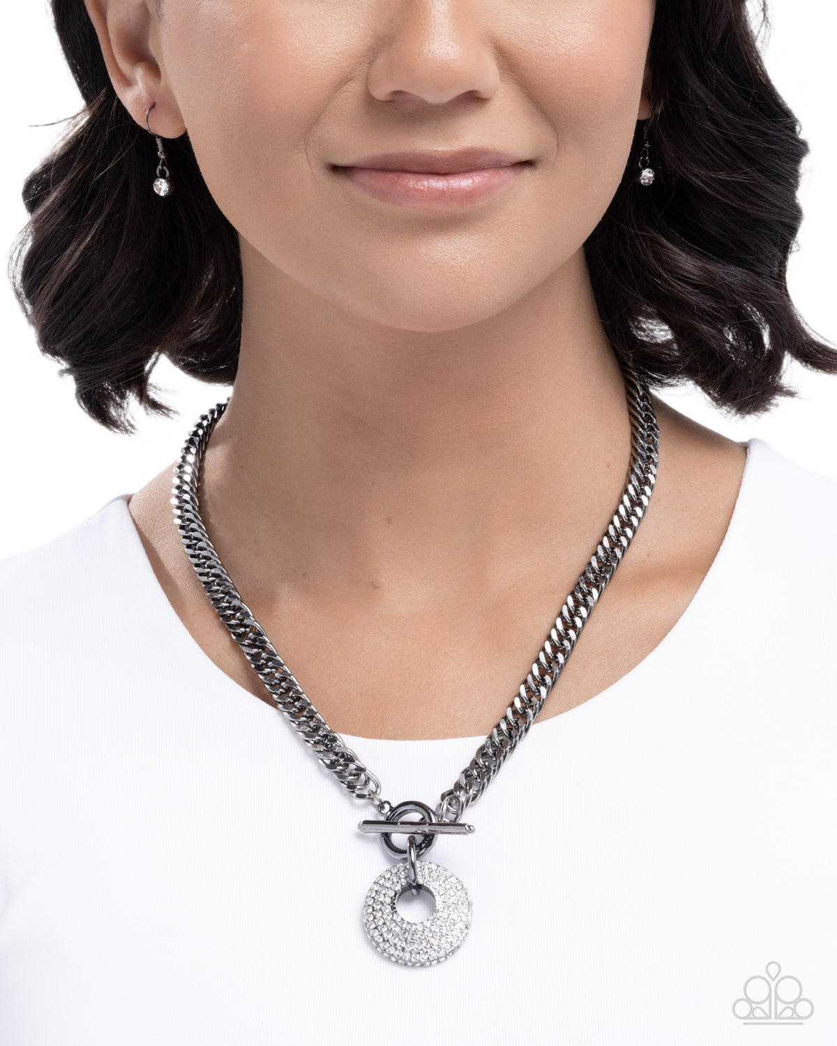 Breathlessly Bold Gunmetal Black & White Rhinestone Necklace-on model - CarasShop.com - Paparazzi Jewelry by Cara Jewels