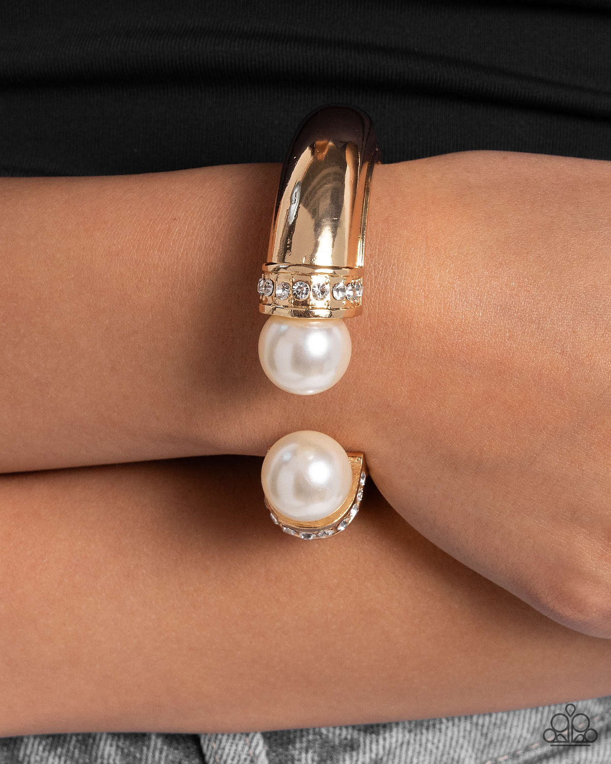 Breathtaking Balance Gold & White Pearl Bracelet - Paparazzi Accessories- on model - CarasShop.com - Paparazzi Jewelry by Cara Jewels