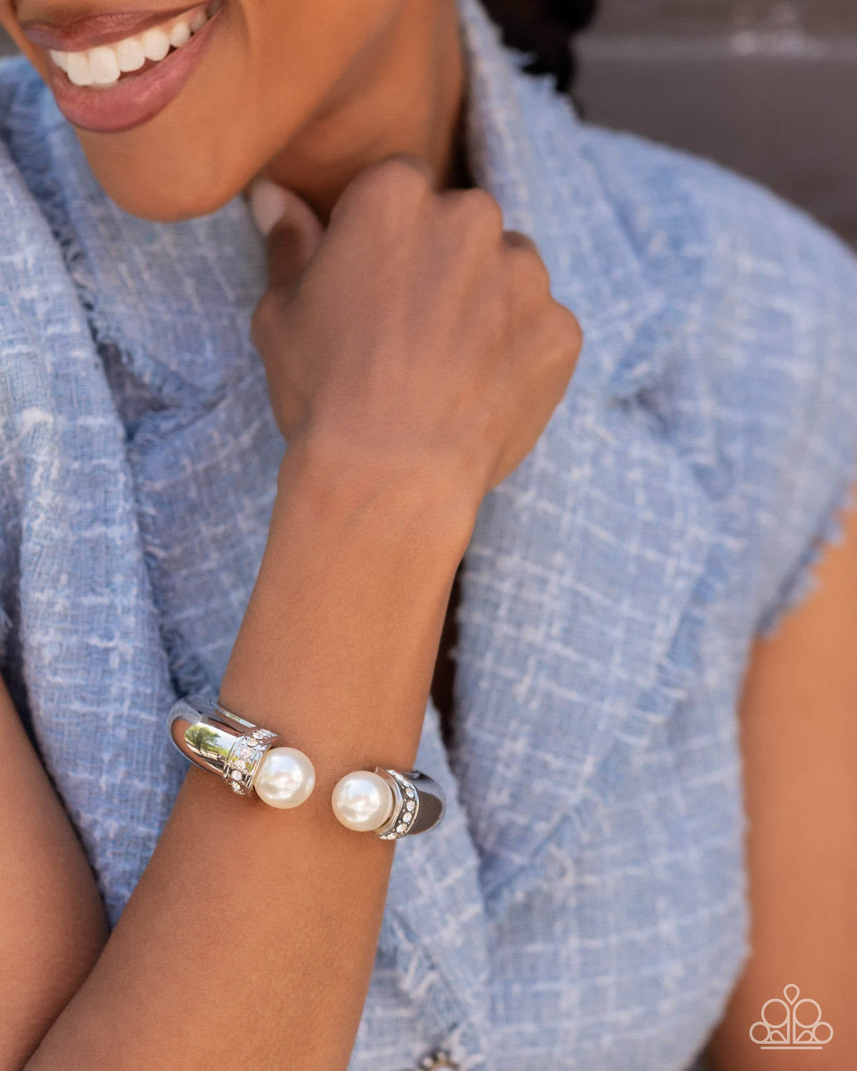 Breathtaking Balance White Pearl Bracelet - Paparazzi Accessories- on model - CarasShop.com - Paparazzi Jewelry by Cara Jewels