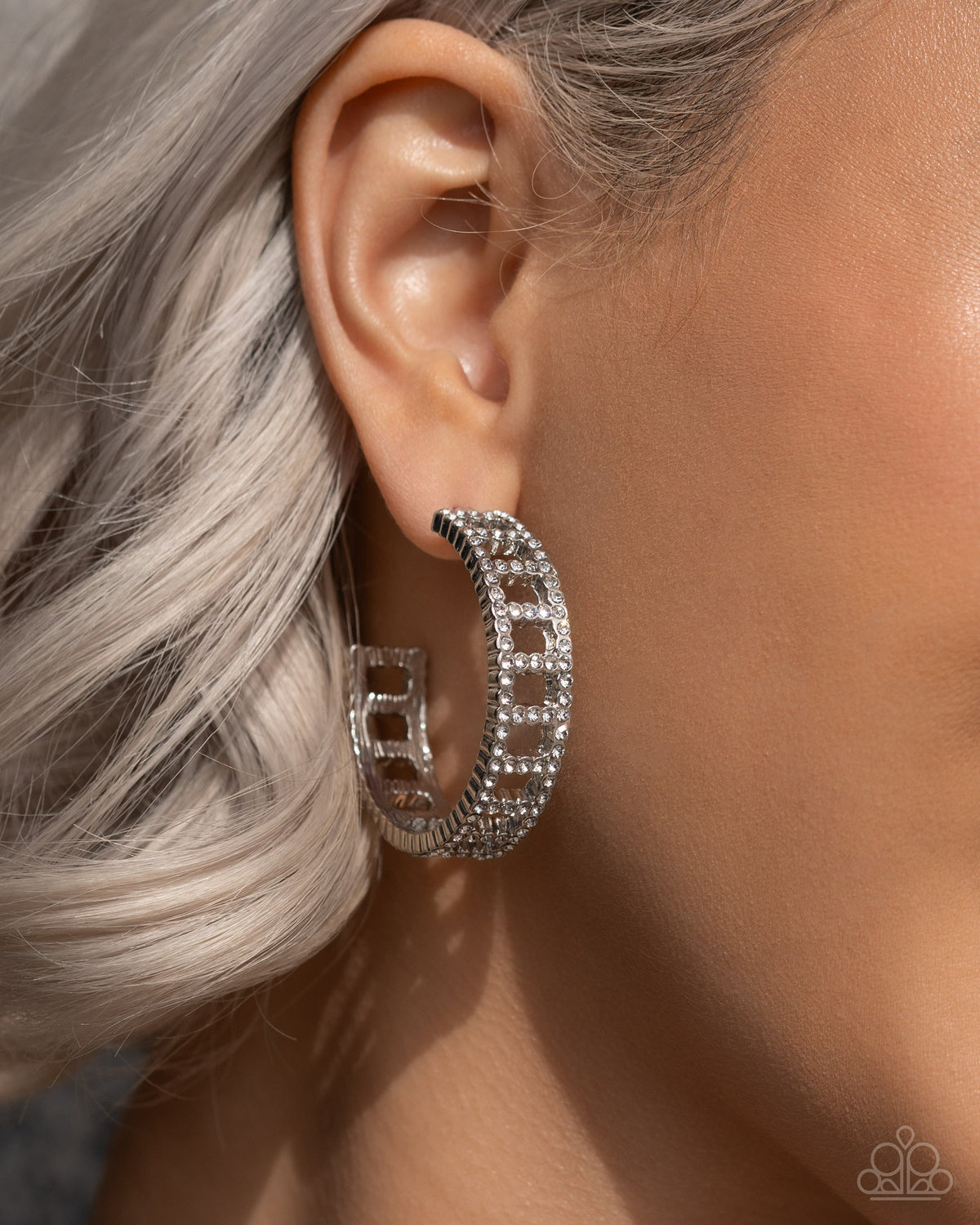 Bridging Brilliance White Rhinestone Hoop Earrings - Paparazzi Accessories- on model - CarasShop.com - Paparazzi Jewelry by Cara Jewels