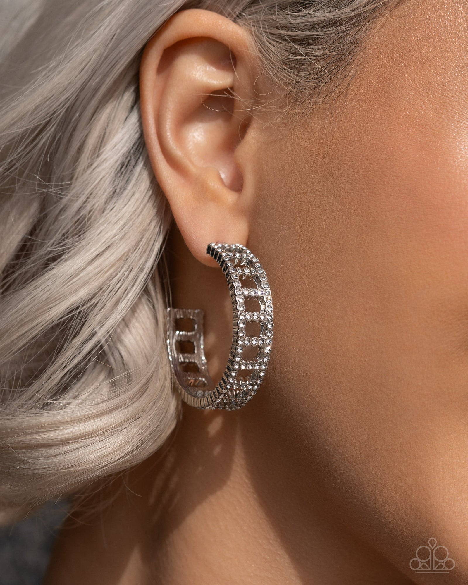 Bridging Brilliance White Rhinestone Hoop Earrings - Paparazzi Accessories- lightbox - CarasShop.com - Paparazzi Jewelry by Cara Jewels