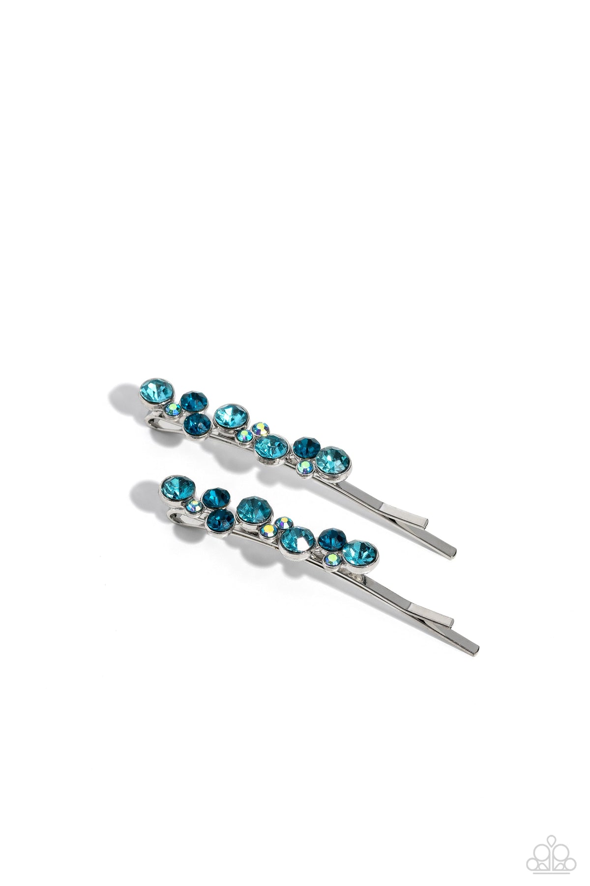 Bubbly Ballroom Blue Rhinestone Hair Pins - Paparazzi Accessories- on model - CarasShop.com - Paparazzi Jewelry by Cara Jewels