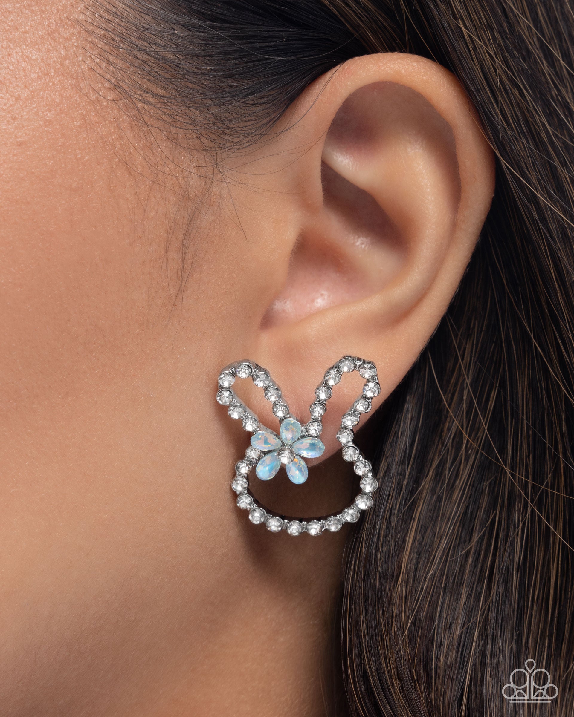 Bunny Backdrop Blue Gem & White Rhinestone Earrings - Paparazzi Accessories- lightbox - CarasShop.com - Paparazzi Jewelry by Cara Jewels