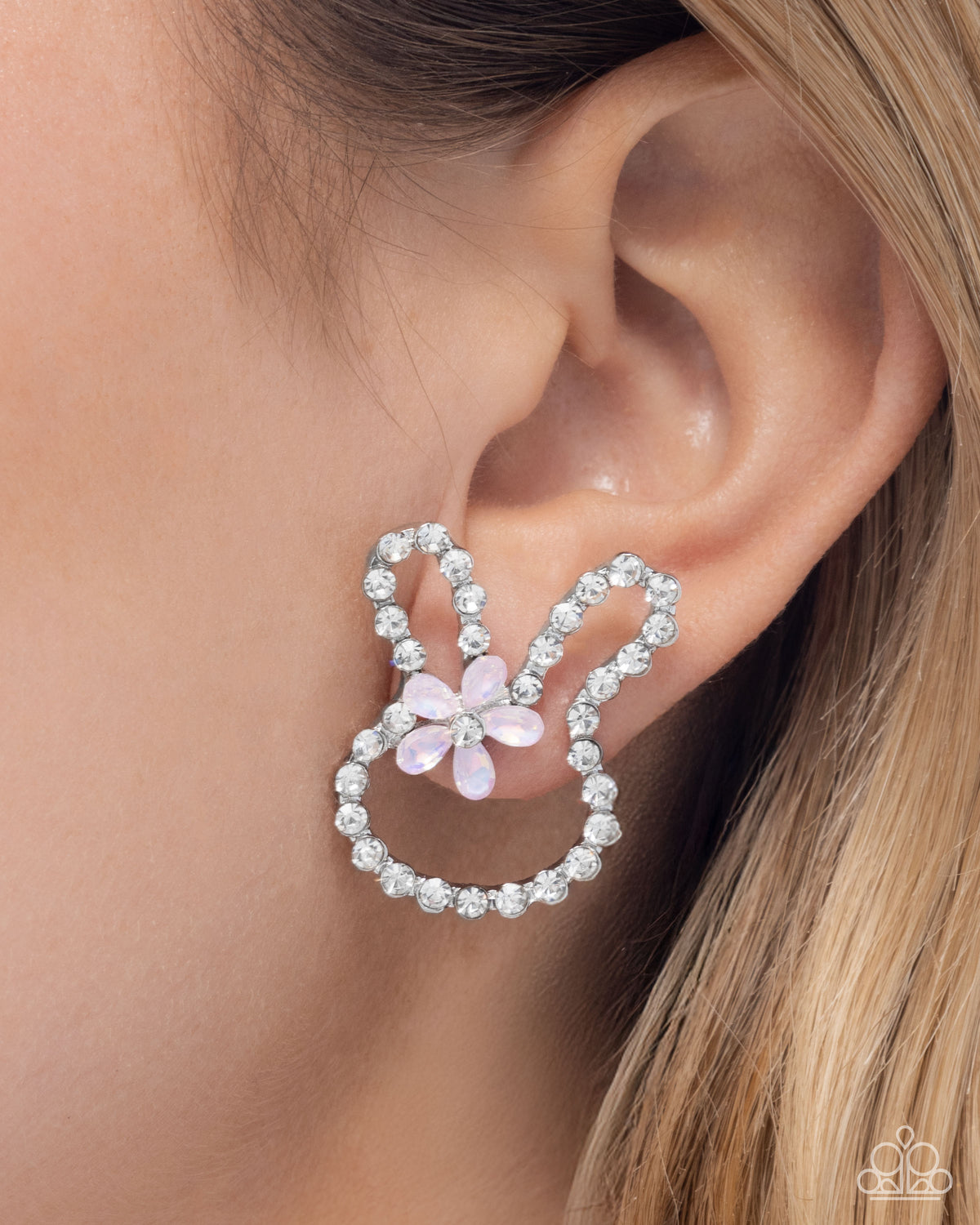 Bunny Backdrop Pink & White Rhinestone Earrings - Paparazzi Accessories- on model - CarasShop.com - Paparazzi Jewelry by Cara Jewels