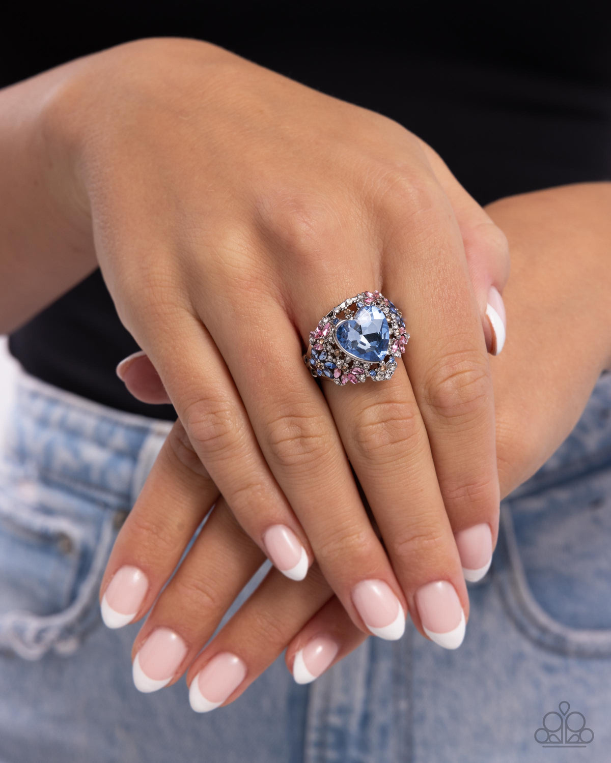 Bursting with Beauty Blue Rhinestone Heart Ring - Paparazzi Accessories- on model - CarasShop.com - Paparazzi Jewelry by Cara Jewels