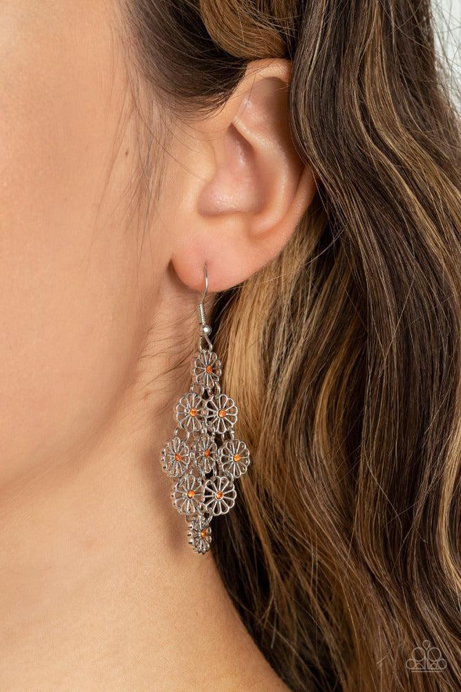 Bustling Blooms Orange Earrings - Paparazzi Accessories- on model - CarasShop.com - Paparazzi Jewelry by Cara Jewels