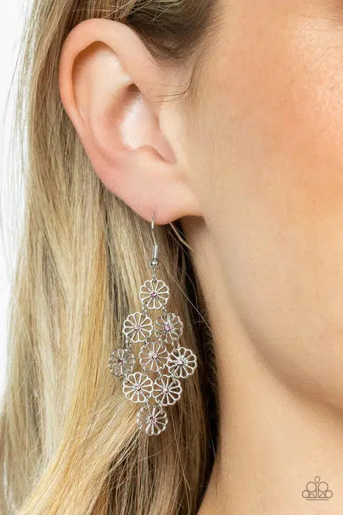 Bustling Blooms Purple Earrings - Paparazzi Accessories- on model - CarasShop.com - Paparazzi Jewelry by Cara Jewels