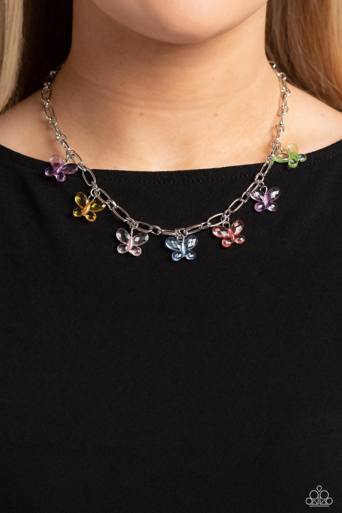 Butterfly Balance Multi Necklace - Paparazzi Accessories- on model - CarasShop.com - Paparazzi Jewelry by Cara Jewels