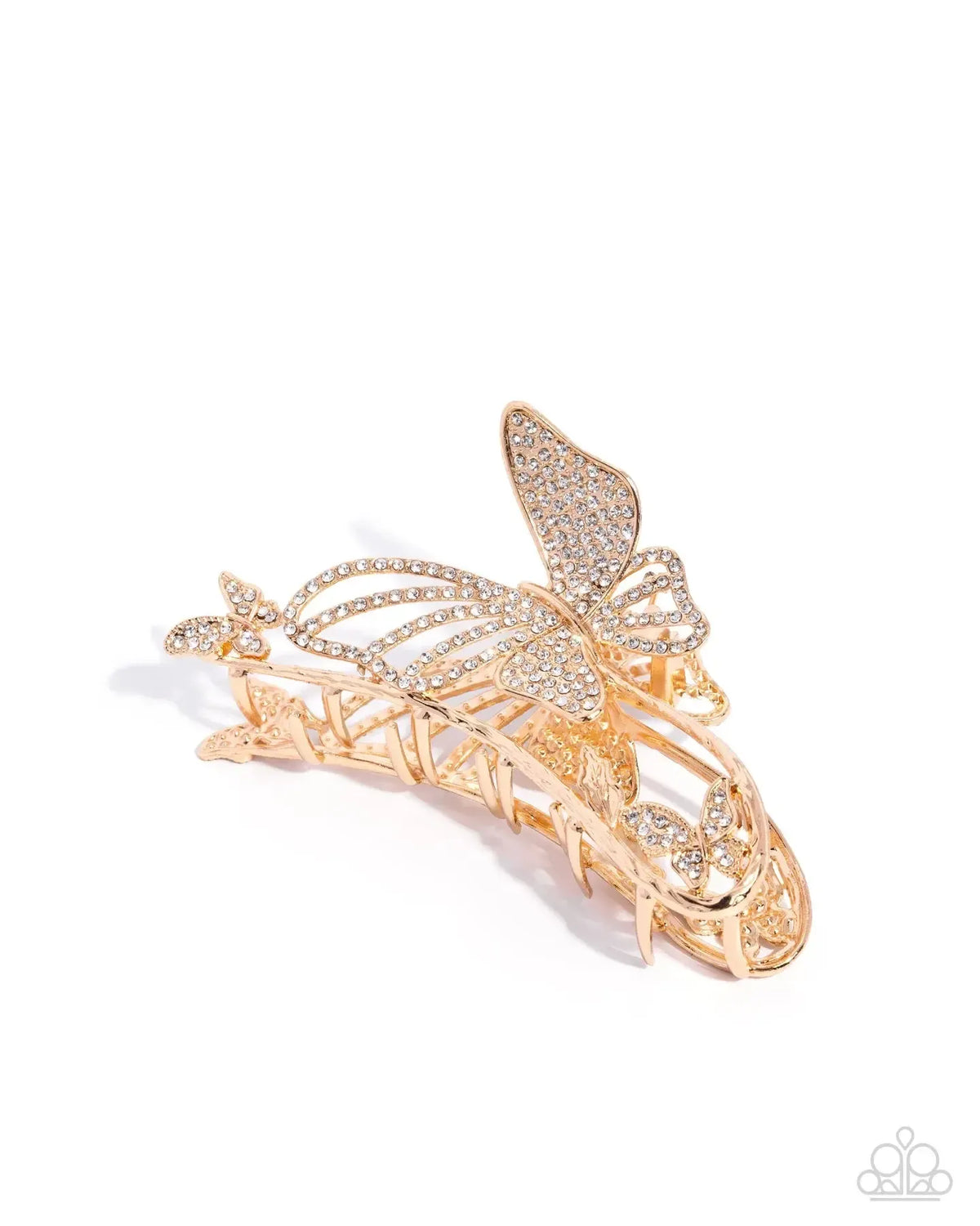 Butterfly Banter Gold White Rhinestone Claw Hair Clip - Paparazzi Accessories- lightbox - CarasShop.com - Paparazzi Jewelry by Cara Jewels