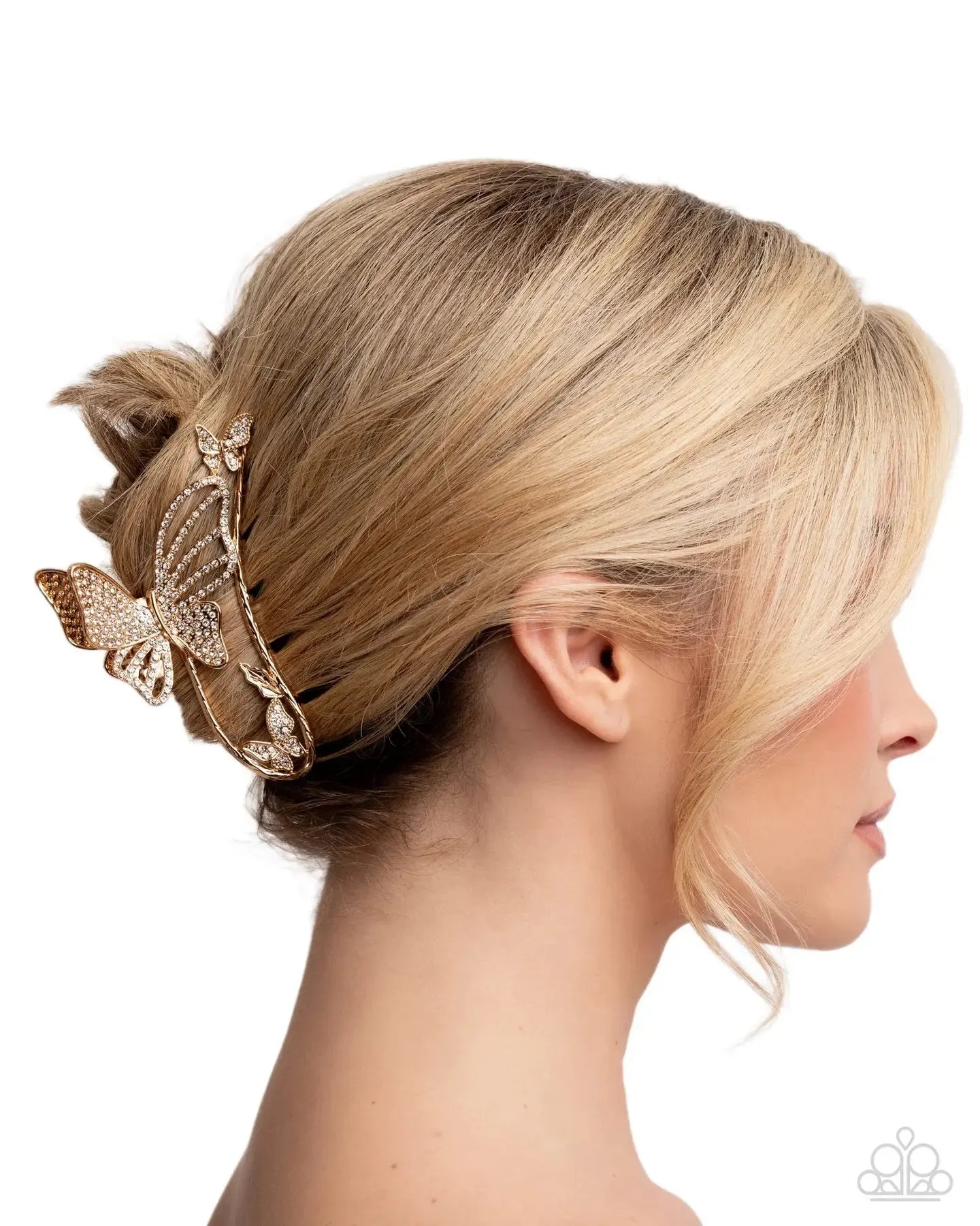 Butterfly Banter Gold White Rhinestone Claw Hair Clip - Paparazzi Accessories- lightbox - CarasShop.com - Paparazzi Jewelry by Cara Jewels