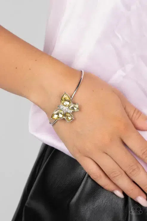 Butterfly Beatitude Yellow Bracelet - Paparazzi Accessories-on model - CarasShop.com - Paparazzi Jewelry by Cara Jewels