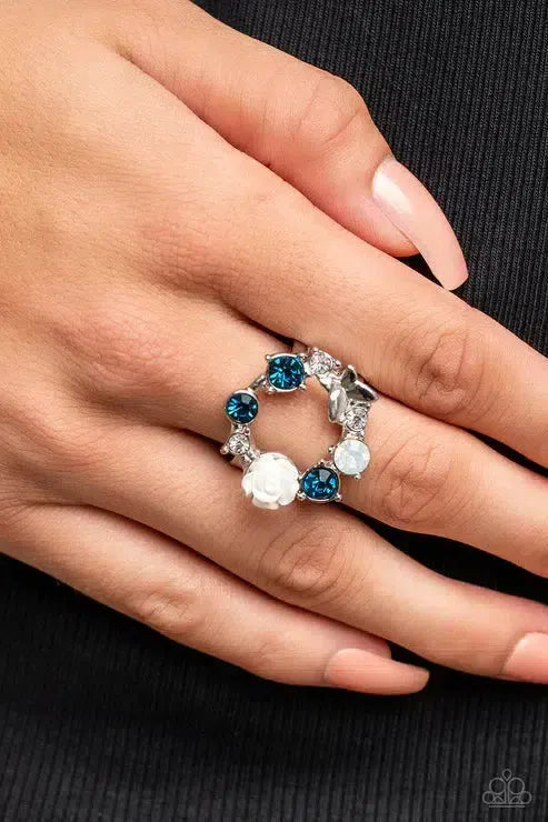 Butterfly Bustle Blue Ring - Paparazzi Accessories-on model - CarasShop.com - Paparazzi Jewelry by Cara Jewels
