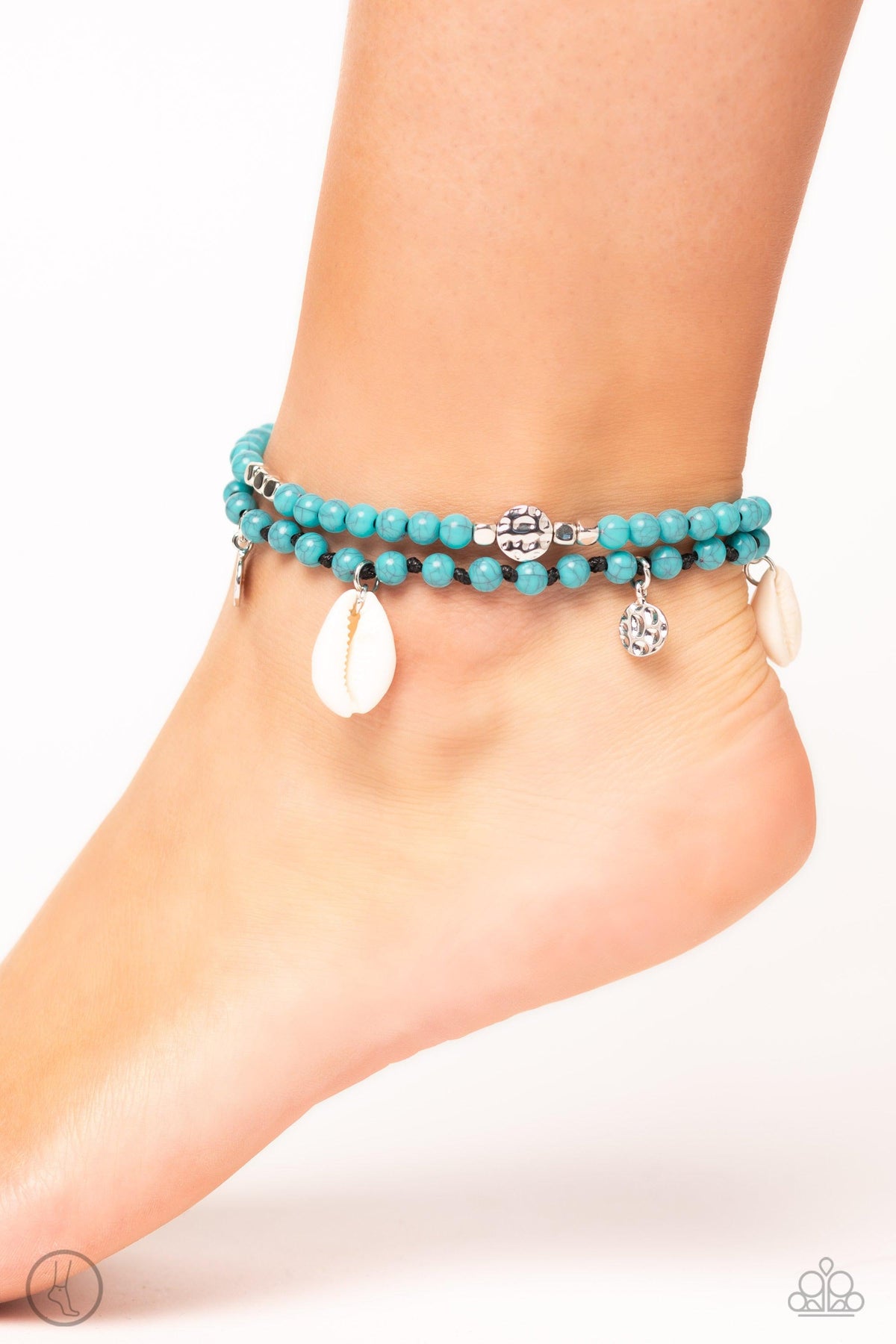 Buy and SHELL Turquoise Blue Stone & Shell Anklet - Paparazzi Accessories- on model - CarasShop.com - Paparazzi Jewelry by Cara Jewels