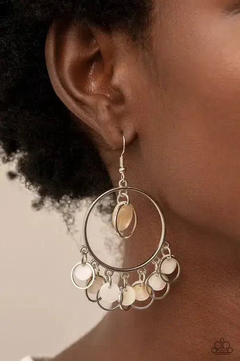 Cabana Charm White Earrings - Paparazzi Accessories-on model - CarasShop.com - Paparazzi Jewelry by Cara Jewels