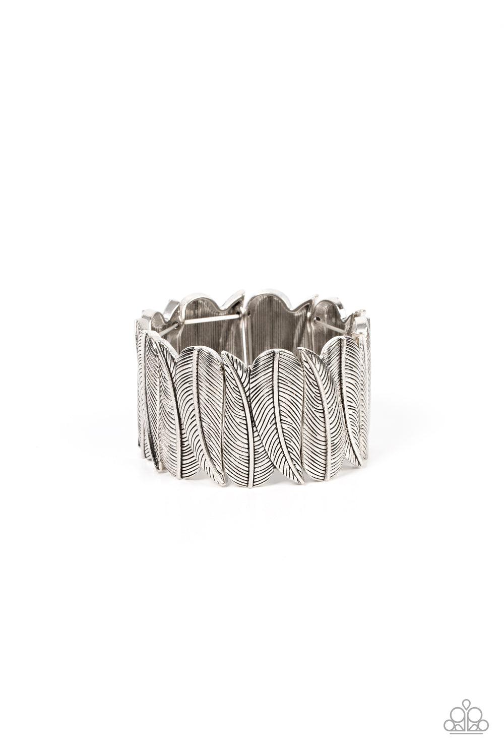 Cabo Canopy Silver Feather Bracelet - Paparazzi Accessories- lightbox - CarasShop.com - Paparazzi Jewelry by Cara Jewels
